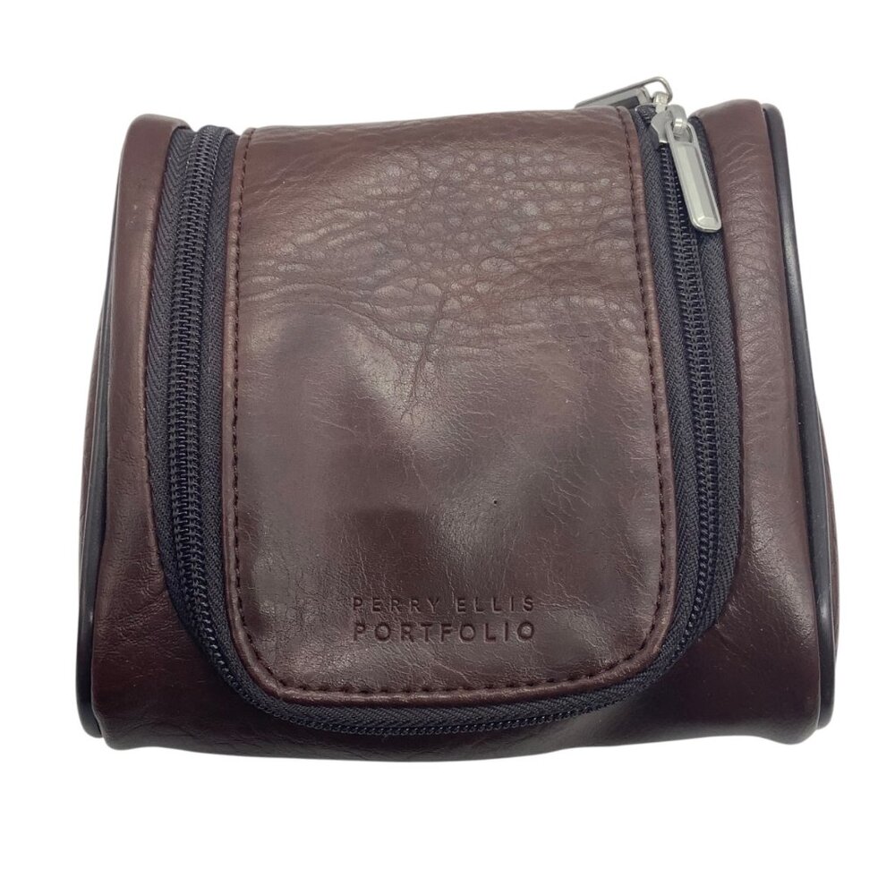 Perry‎ Ellis Portfolio Brown Toiletry Bag Zipper Compartments 6”x5.5”x2”
